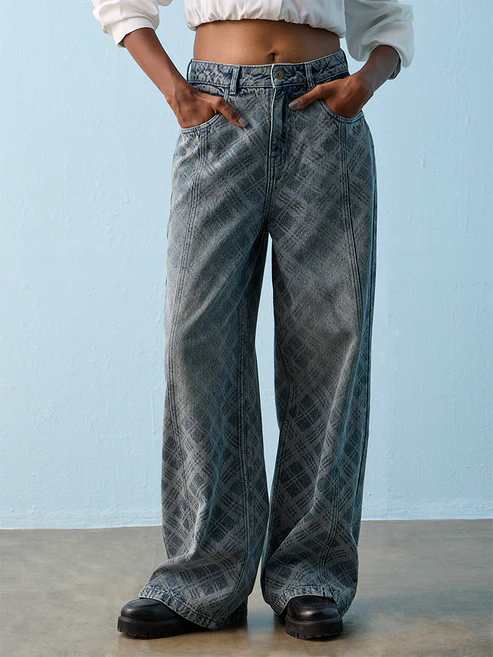 Nuon Blue Checkered High-Rise Jeans
